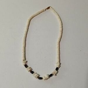 Vintage Puka Shell Chip Necklace Round Black Glass Beads Barrel Surfer Beach